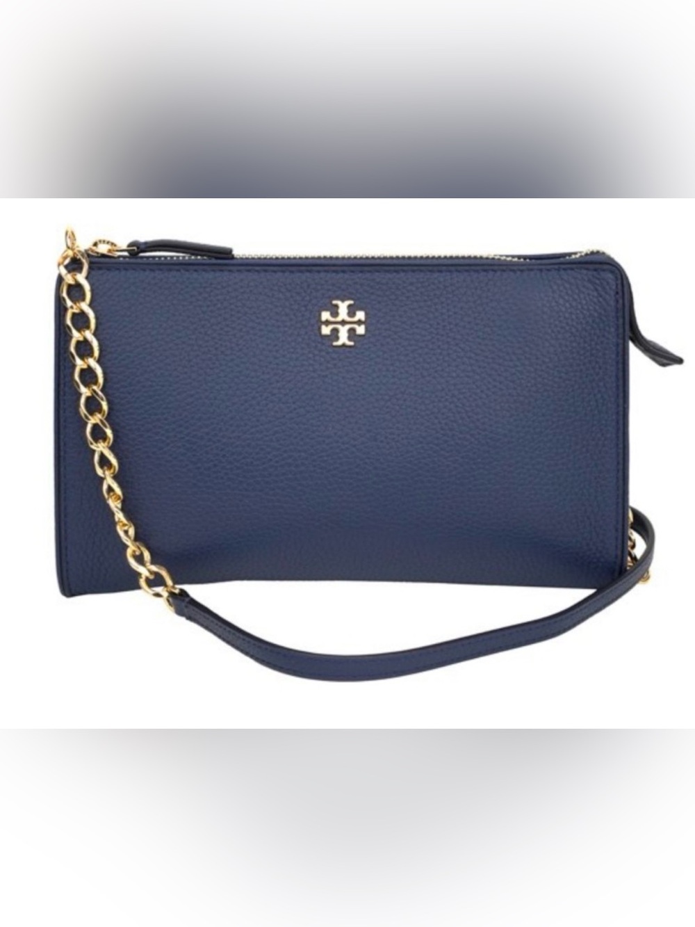 Tory Burch Navy Pebbled Leather Wristlet with Gold Logo